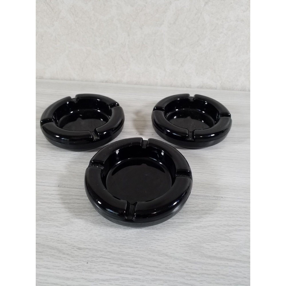 VTG Tiara Indiana Black Glass Lot Of 3 ROUND ASHTRAYS ~ 5 Inch